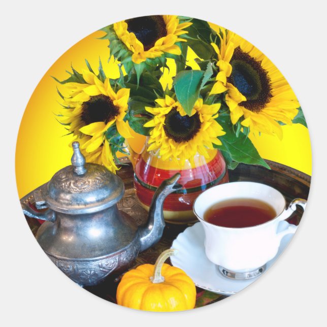 Autumn Tea Service with Sunflowers Classic Round Sticker (Front)