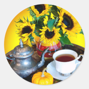 Autumn Tea Service with Sunflowers Classic Round Sticker