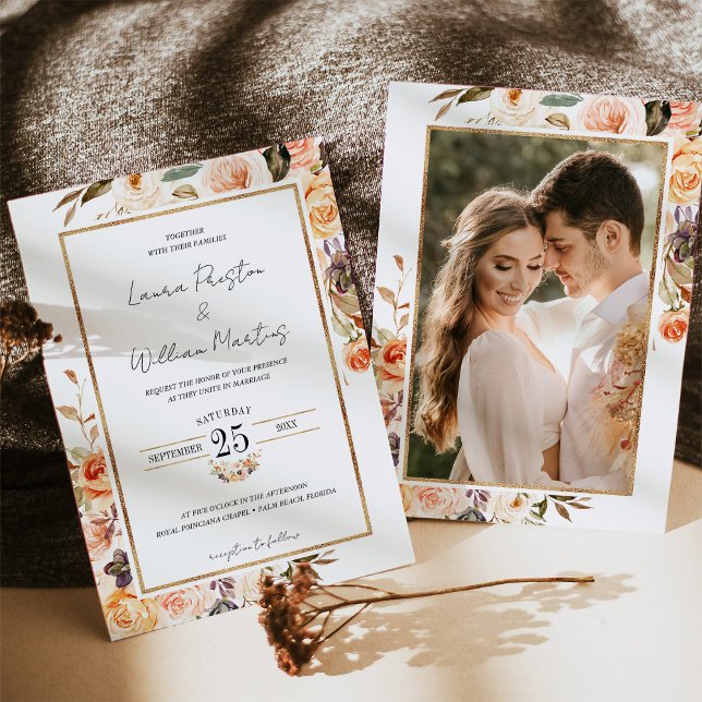 Autumn Terracotta Floral Gold Frame Photo Wedding  Invitation (Creator Uploaded)