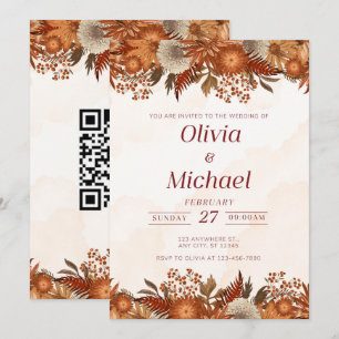 Autumn Terracotta Floral QR Code Wedding Invitatio Invitation