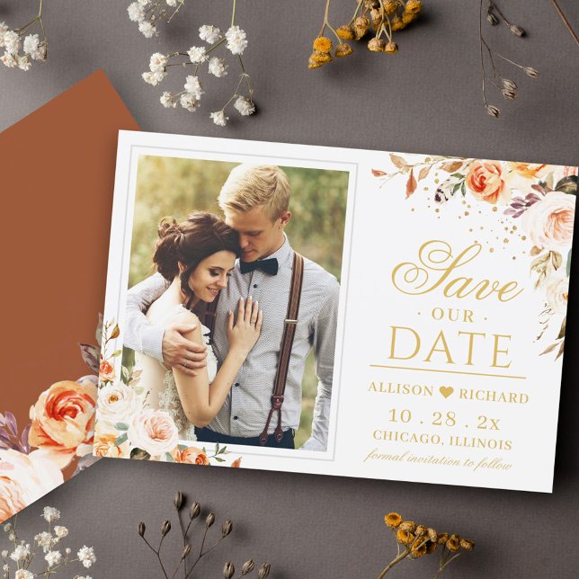 Autumn Terracotta Gold Orange Floral Photo Wedding Save The Date (Creator Uploaded)