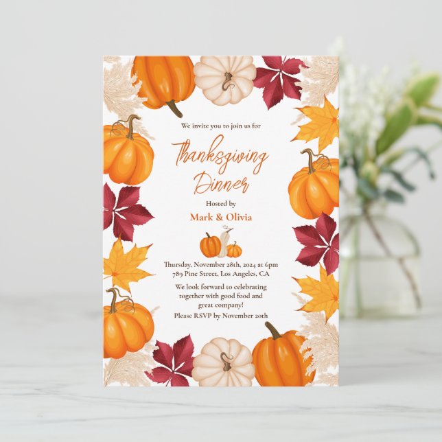 Autumn Thanksgiving Dinner Invitation with Pumpkin (Standing Front)