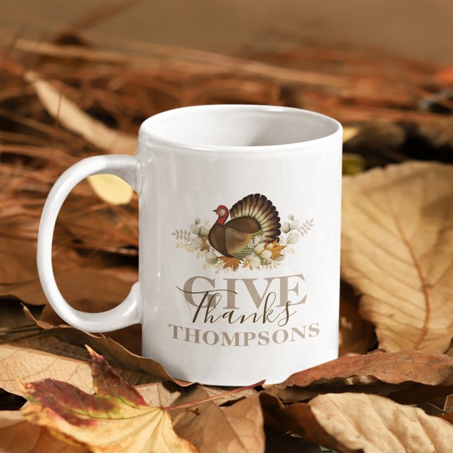 Autumn Thanksgiving Give Thanks Coffee Mug (Give Thanks Thanksgiving watercolor turkey. )