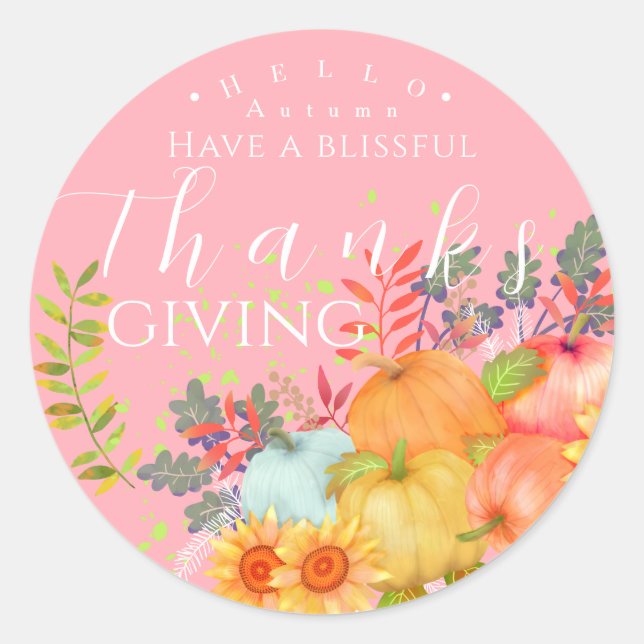 Autumn Thanksgiving Pink Classic Round Sticker (Front)
