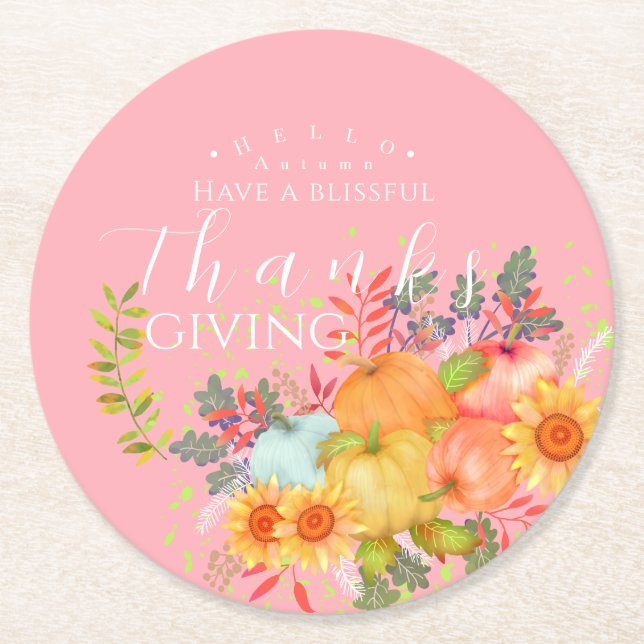 Autumn Thanksgiving Pink Round Paper Coaster (Front)