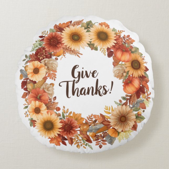 Autumn Thanksgiving Pumpkin and flowers  Round Cushion (Front)