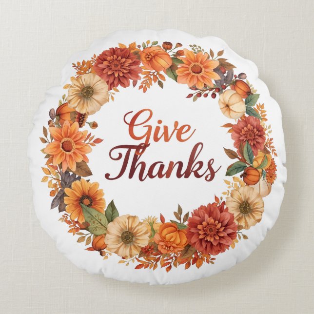 Autumn Thanksgiving Pumpkin and flowers  Round Cushion (Front)