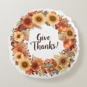 Autumn Thanksgiving Pumpkin and flowers Round Pil Cushion