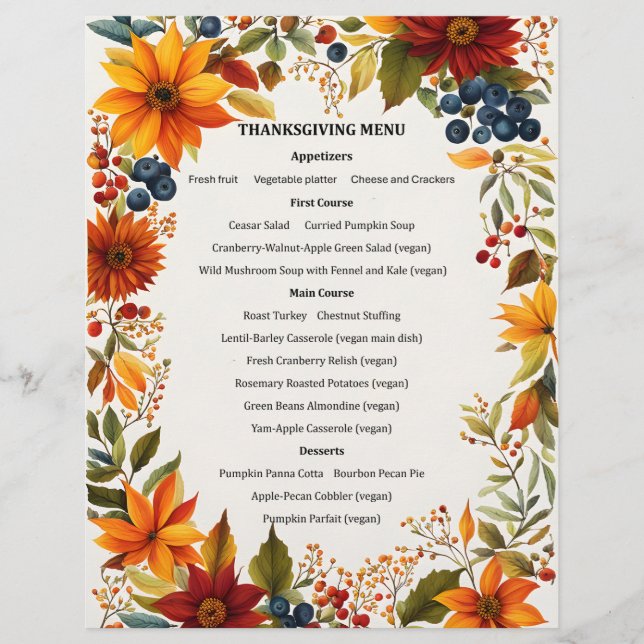 Autumn Theme Flowers & Berries Menu Invitation Custom Letterhead (Front)