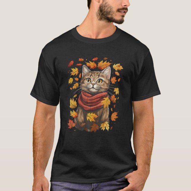 Autumn Themed Cute Cat Fall Breeze Kitten Cat Love T-Shirt (Front)