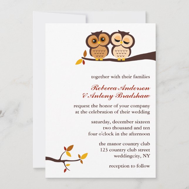 Autumn Themed Owls Wedding Invitation (Front)