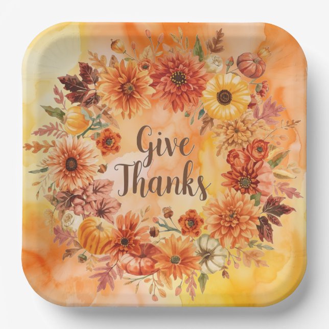 Autumn themed thanksgiving with flowers  pumpkins paper plate (Front)