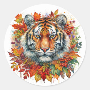Autumn Tiger Face Among Fall Leaves Classic Round Sticker