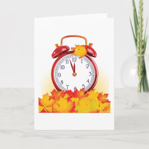 Autumn Time Change Fall Leaves And Retro Clock  Card