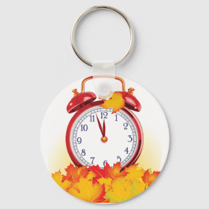 Autumn Time Change Fall Leaves And Retro Clock  Key Ring