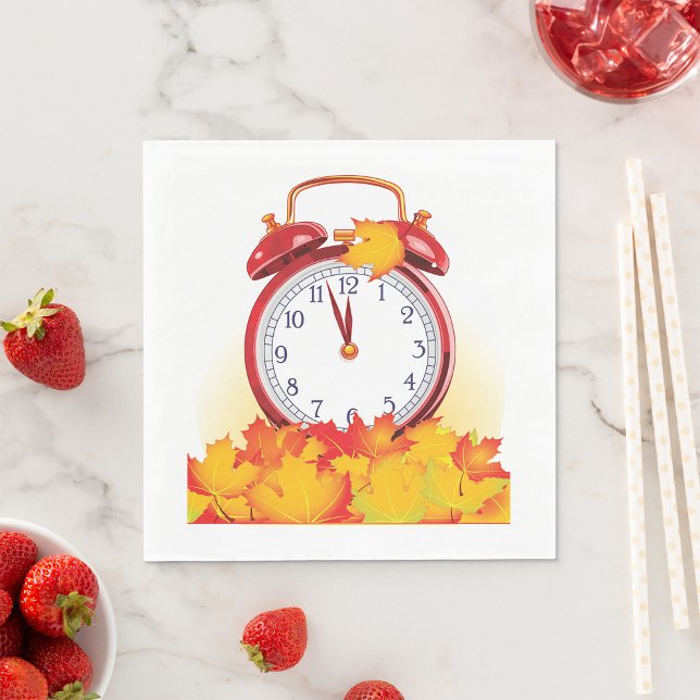 Autumn Time Change Fall Leaves And Retro Clock  Napkin (Creator Uploaded)