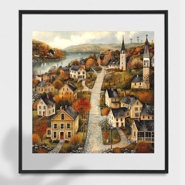 Autumn Town Folk Art Oil Painting Poster (Creator Uploaded)