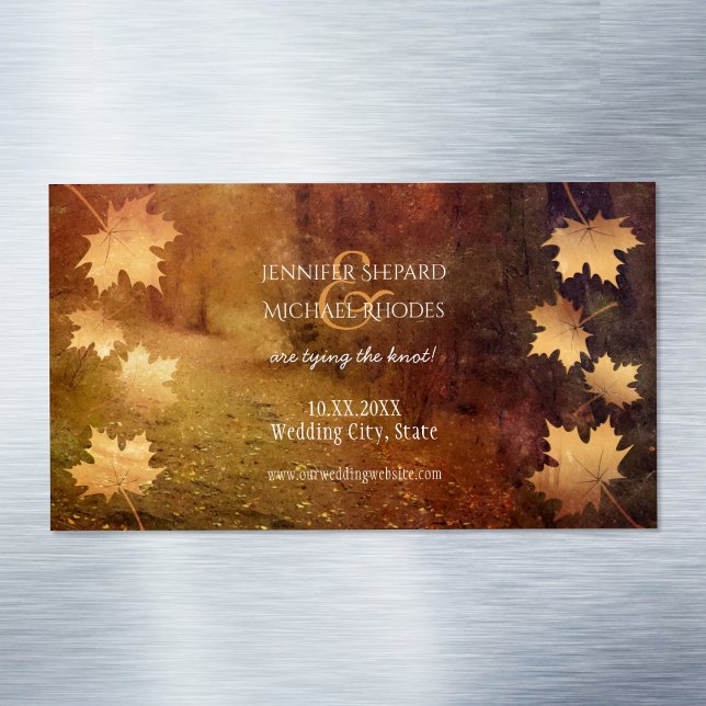 autumn trail falling maple leaves rustic wedding magnetic business card (Creator Uploaded)