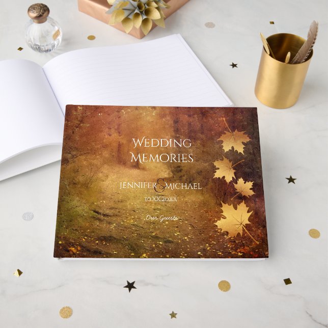 autumn trail maple leaves wedding memories guests guest book (Front Open)