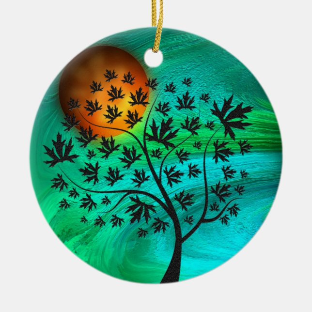 Autumn Tree and Harvest Moon Ceramic Tree Decoration (Front)