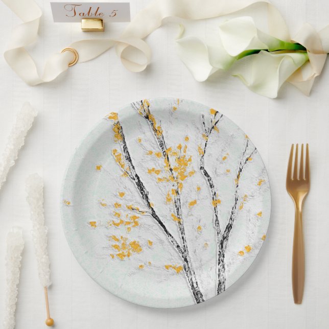 Autumn Tree Branches with Yellow Fall Leaves Paper Plate (Wedding)