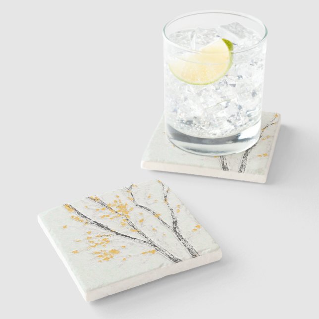 Autumn Tree Branches with Yellow Fall Leaves Stone Coaster (Side)