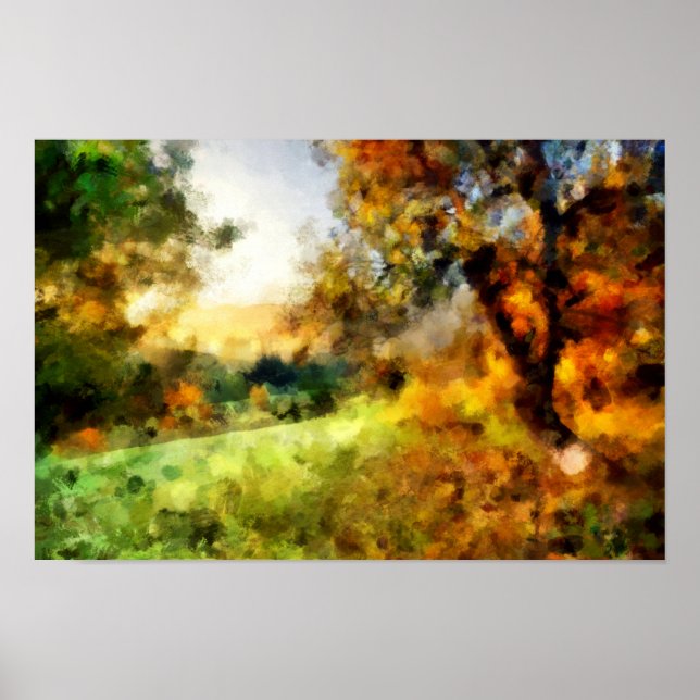 Autumn tree on a hill in sunset Landscape Painting Poster (Front)