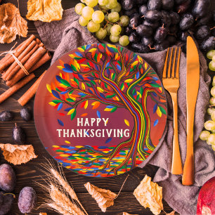 Autumn Tree Personalised Happy Thanksgiving Party Paper Plate