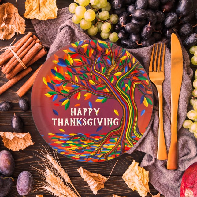 Autumn Tree Personalised Happy Thanksgiving Party Paper Plate (Creator Uploaded)