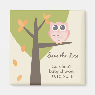 Autumn Tree Pink Owl Baby Shower Save the Date Magnet