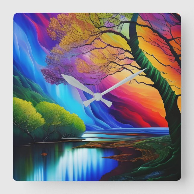 Autumn Tree Rainbow Ridge serene waters Square Wall Clock (Front)