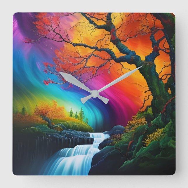 Autumn tree, Rainbow skies waterfalls  Square Wall Clock (Front)