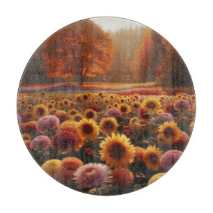 Autumn trees/field with mums cutting board