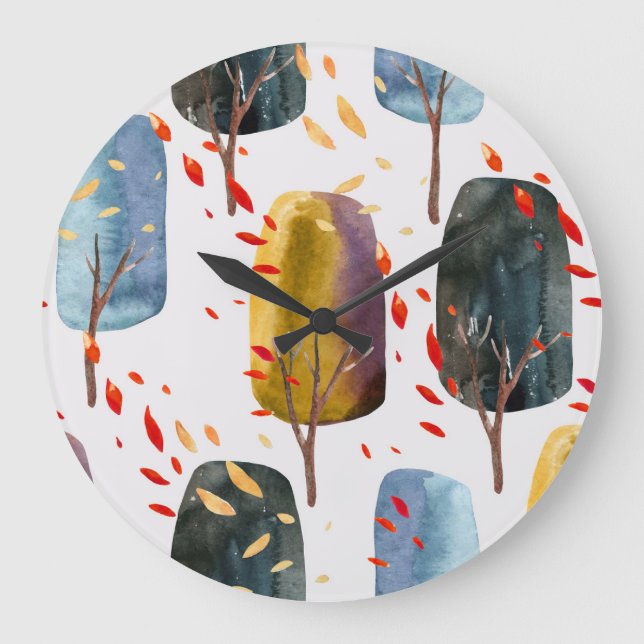 Autumn Trees: Hand Painted Watercolor Seamless Large Clock (Front)