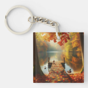 Autumn trees & lake with ducks key ring