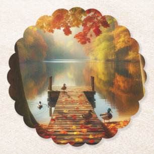 Autumn trees & lake with ducks paper coaster