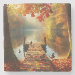 Autumn trees & lake with ducks stone coaster