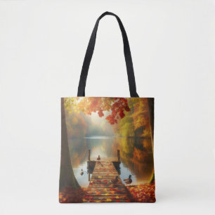 Autumn trees & lake with ducks tote bag