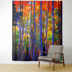 Autumn Trees with Blue Trunks and Orange Leaves Tapestry