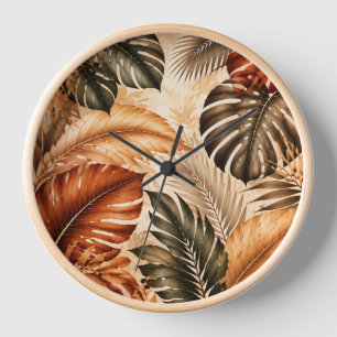 Autumn Tropical Monstera Botanical Pattern Clock