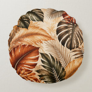 Autumn Tropical Monstera Botanical Pattern Round Cushion
