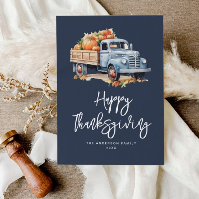 autumn truck navy blue happy thanksgiving holiday card (Creator Uploaded)