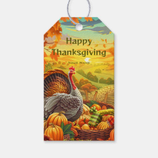 Autumn Turkey Pumpkins Happy Thanksgiving Gift Tag