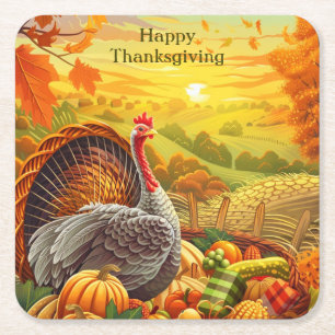 Autumn Turkey Pumpkins Thanksgiving Paper Coaster
