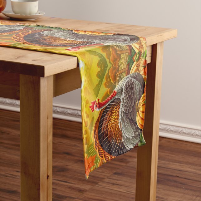 Autumn Turkey Pumpkins Thanksgiving Table Runner (In Situ)