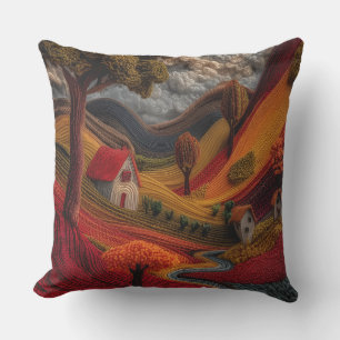 Autumn Valley Textured Folk Art Landscape Throw Cushion