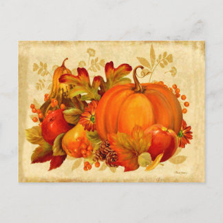 Autumn vegetables, fruits and flowers, still life postcard