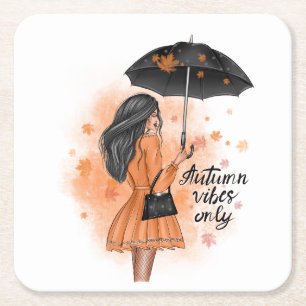 Autumn Vibes Only Fall Fashion Girl Square Paper Coaster