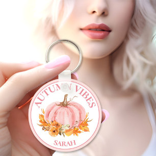 Autumn Vibes Pink Pumpkin Fall Custom Name Key Ring