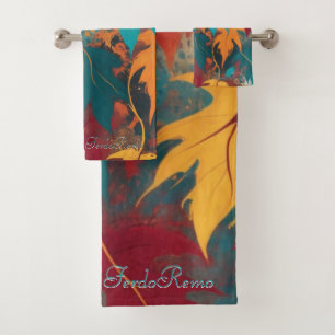 Autumn Vibrant Leaves Orange Burgundy Cyan Modern Bath Towel Set